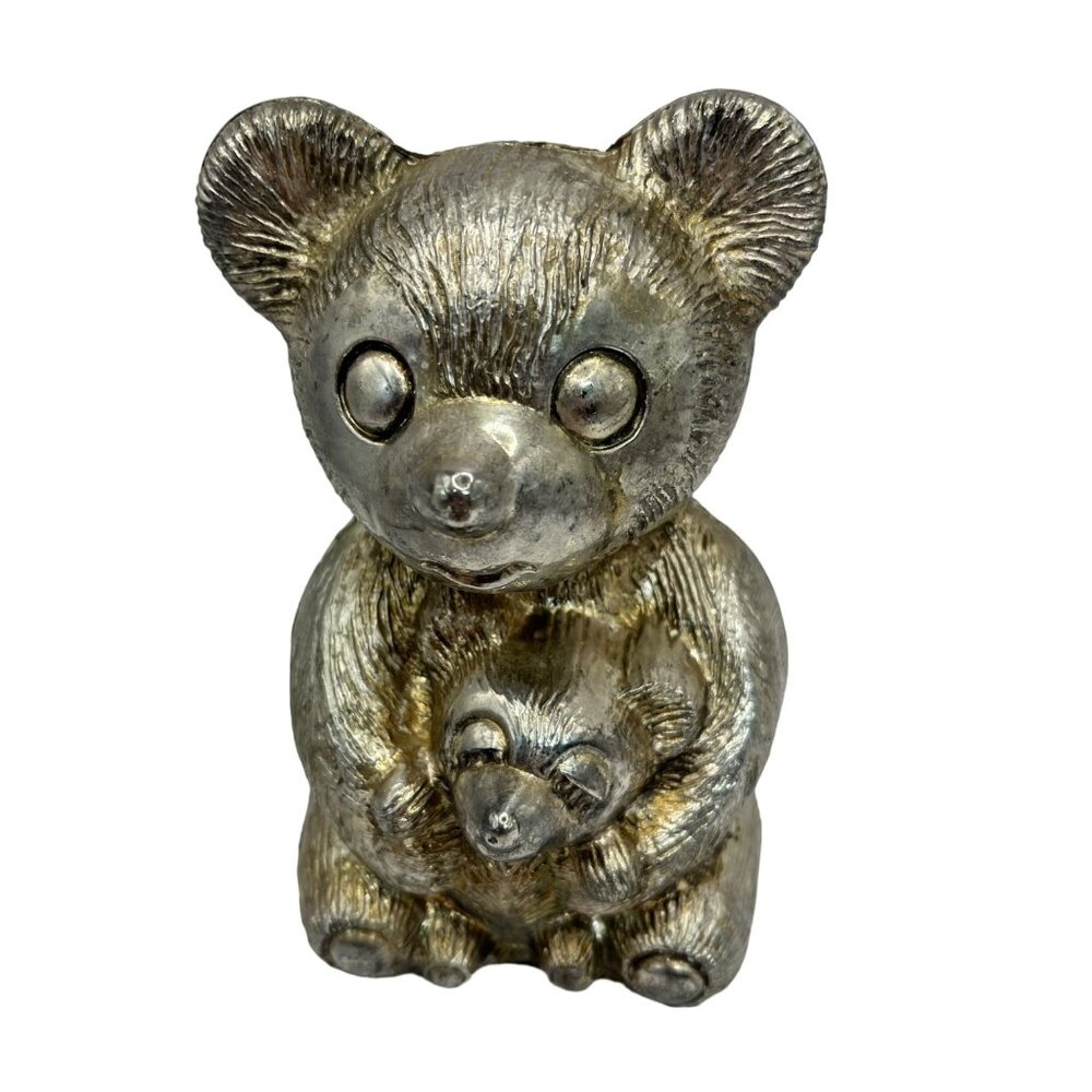 Vintage Teddy Bear Piggy Bank With Baby Bear - Silver Finish - Home Decor 56d